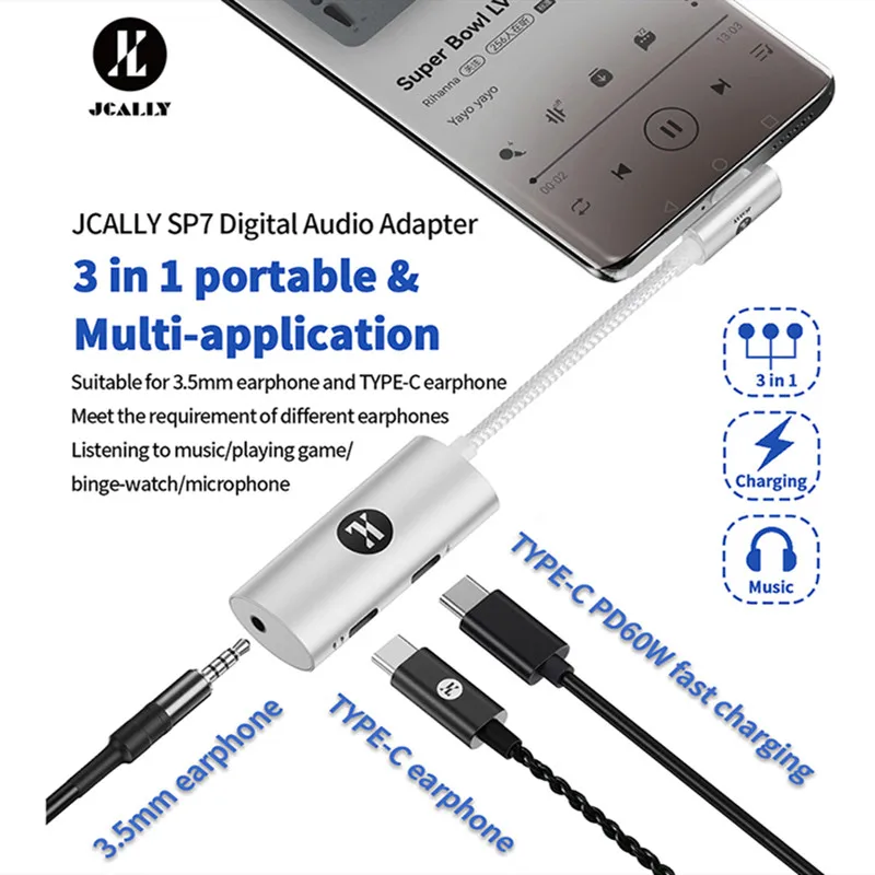 JCALLY SP7 Headphone ponsel multifungsi, upgrade baru 3-in-1 dekode adaptor Typec Dac untuk beragam skenario aplikasi