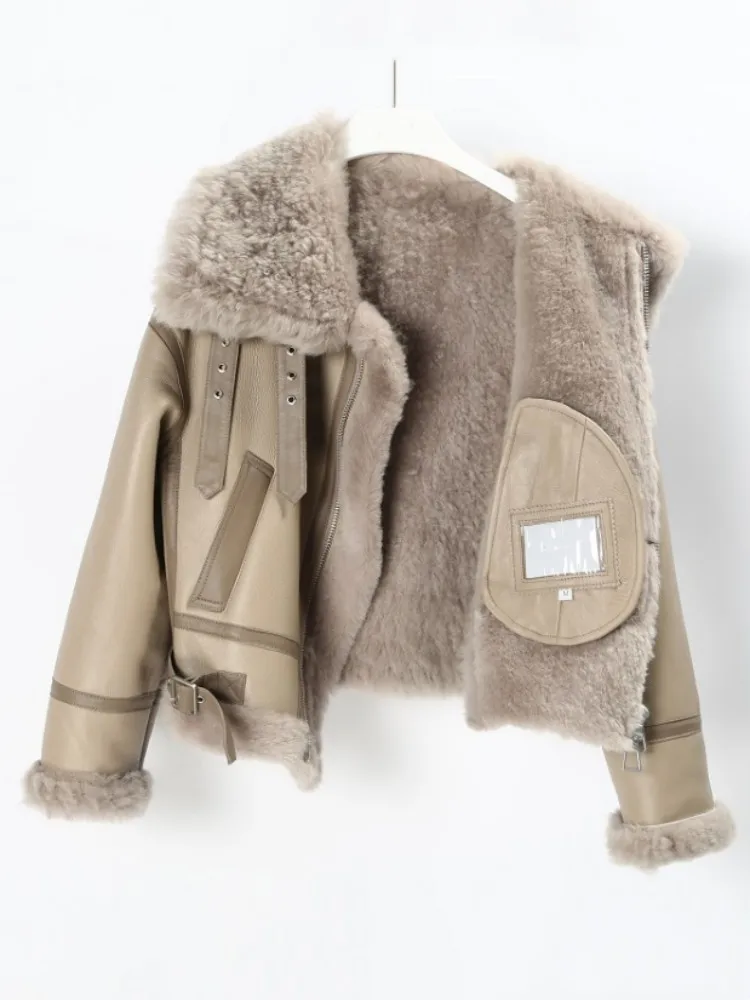 Winter Womens Shearling Jas Warme Wollen Voering Echt Lederen Motorjas Hoge Kwaliteit Streetwear Echt Bont Korte Overjas