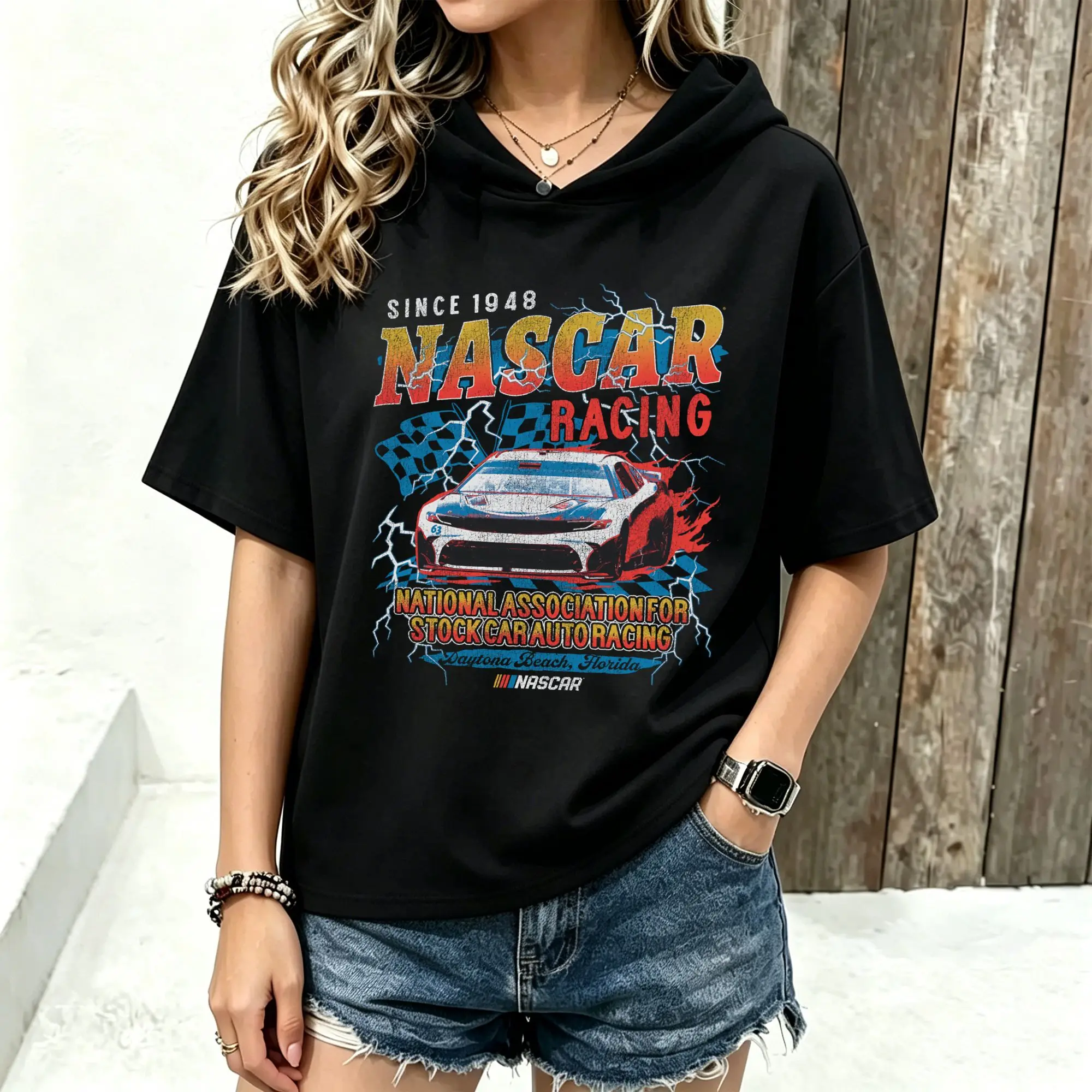 Women Short Sleeve Hooded T‑Shirt Nascar Racing Vintage Race Car Retro Distressed Graphic Print Spring Summer Loose Hoodie Tee Streetwear Casual Short Sleeve Hood Tops