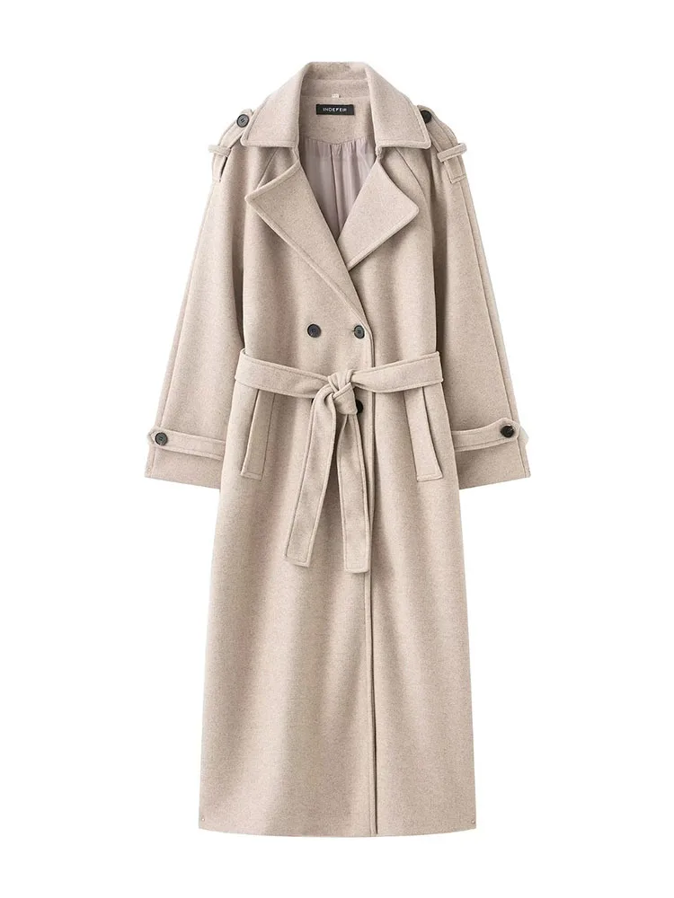 HH Winter Elegante Frauen Drehen-unten Kragen Langen Mantel Solide Lange Ärmel Tasche Gürtel Zweireiher Weibliche Dünne Windjacke mäntel