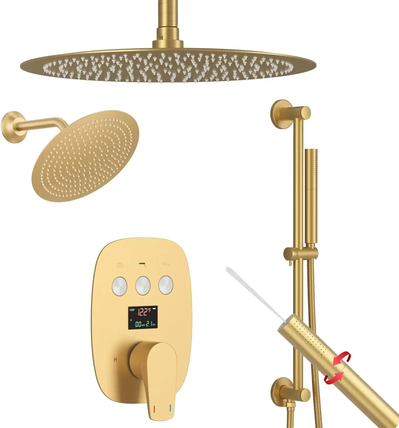 Brushed Gold Slide Bar Rainfall Shower System Wall Mount 12 Inch Round Digital Temperature Display Shower Faucets Sets