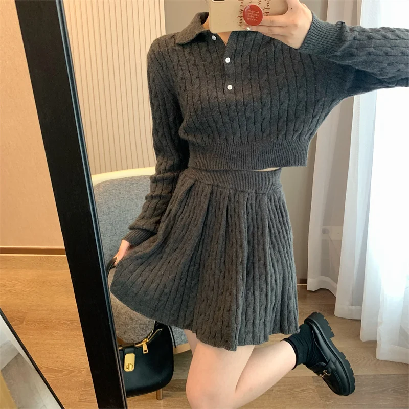 Süße adrette Art Twist gestrickt 2 Stück Set Herbst Winter Frauen Revers Langarm kurze Pullover Tops Mini Falten rock Anzüge