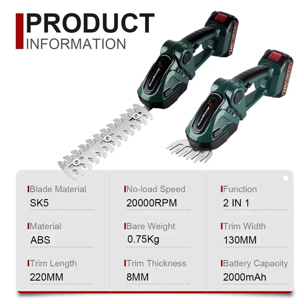 Newbeny 2 em 1 aparador de sebes elétrico portátil ferramenta de jardim 24v sem fio recarregável doméstico capina poda cortador de grama