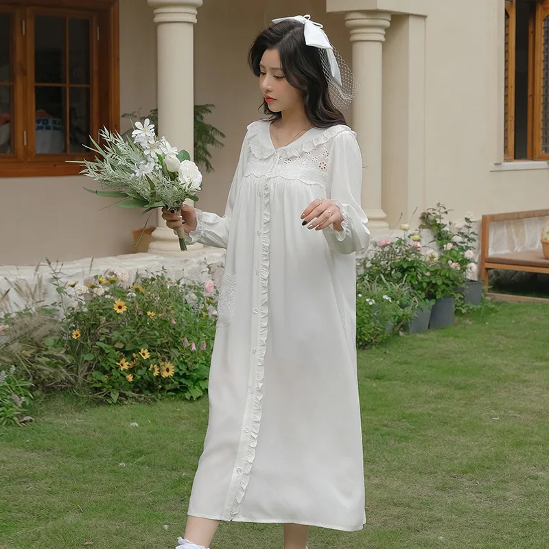 Women Sweet Turn-Down Collar Full Sleeves Nightdress 100% Cotton Casual Cardigan Long Mid-Calf Nightdress Loose Design Homedress