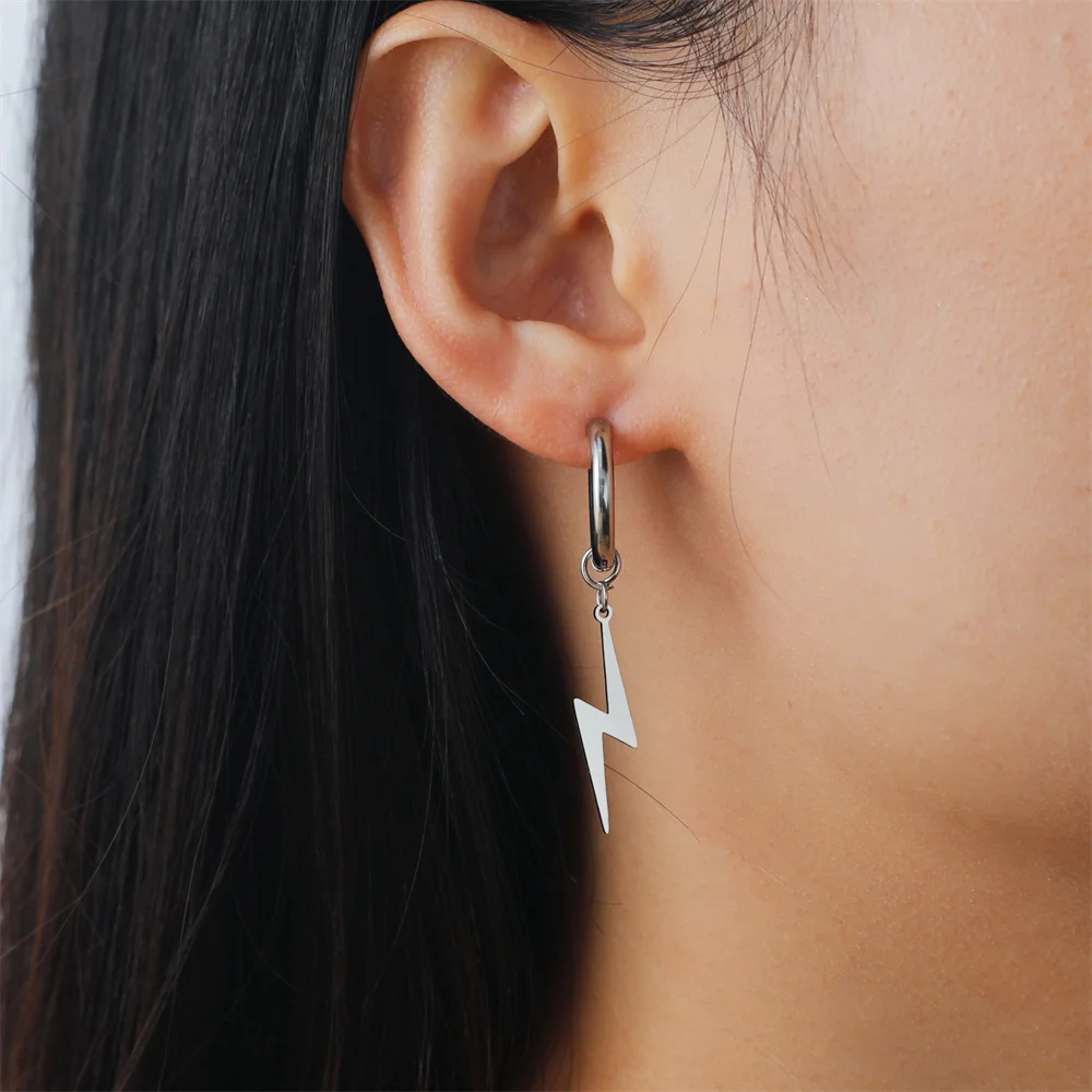 My Shape Fashion Lightning Earrings Women Men Hiphop Hoop Earring Stainless Steel Gold Color Punk Jewelry Party Ear Accessories