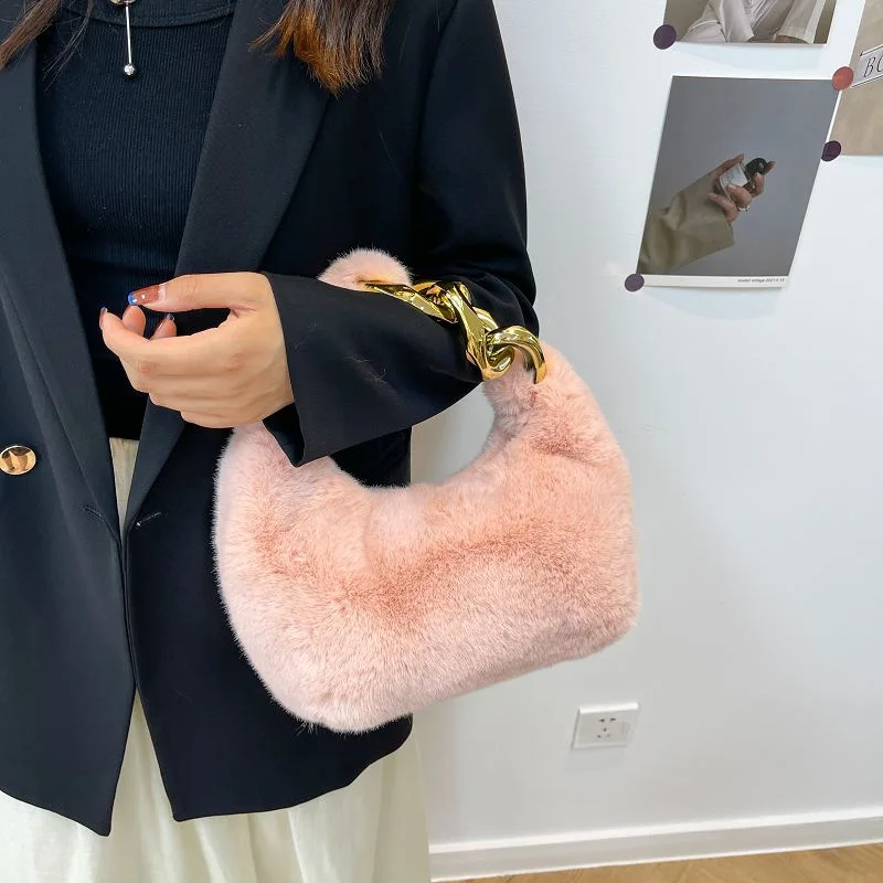 Luxury Faux Fur Fashion Tote Bag Women Handbags 2023 Designer Lady Acrylic Chain Soft Plush Shoulder Bag Warm Winter Sac Purses