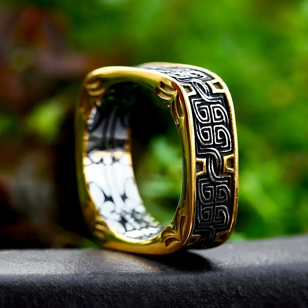 Vintage Fashion Square Embossed Pattern Rings For Men Women Stainless Steel Nordic Viking Amulet Ring Party Charm Jewelry Gifts