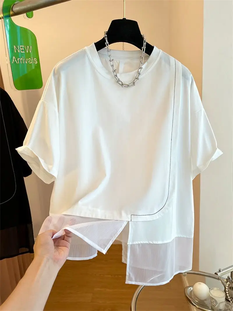 Oversized T Shirt Black Chiffon Patchwork Short Sleeved Top Irregular T-shirts Graphic Ropa Mujer Tees White Korean 2024 New