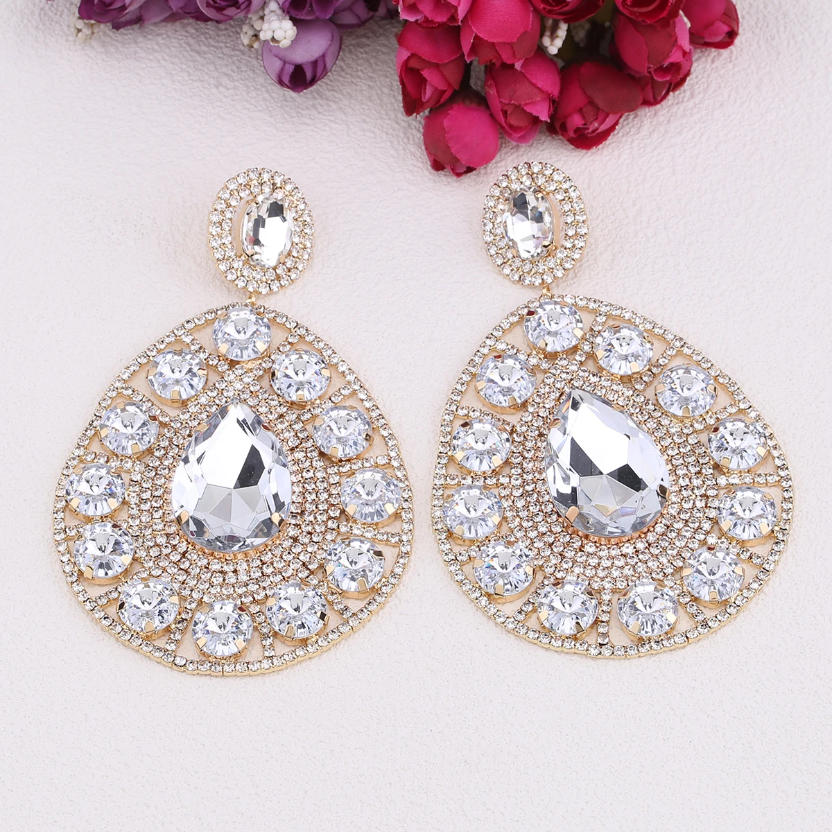 Fashion Lady New Crystal Exaggerate Earrings Statement Accessories Oversize Rhinestone Large Dangle Earrings Prom Jewelry