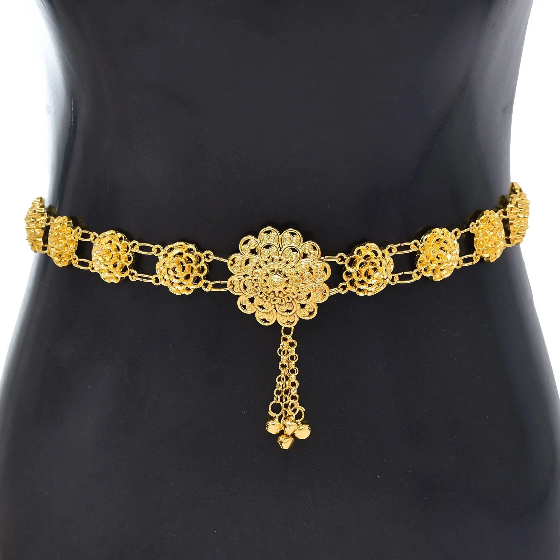 Golden Hollow Crystal Flower Diagonal Cross Shoulder Waist Chain Arab Ethnic Bride Wedding Accessories Women\'s Body Jewelry