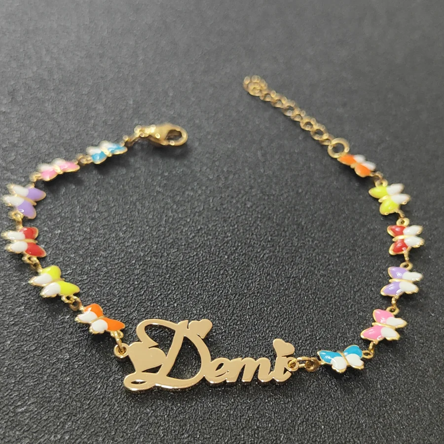 Customized Butterfly Heart Name Necklace Stainless Steel Heart Bracelet Jewelry Set with Various Enamel Inscriptions Necklace