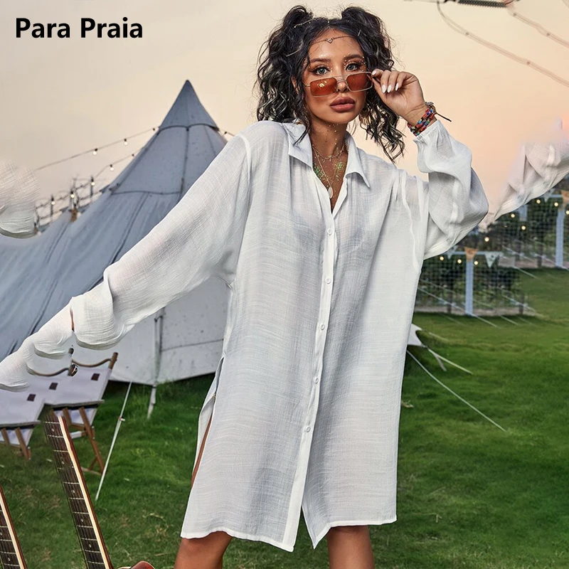 Para Praia New Summer Swimsuit Cover Ups Long Sleeve Shirt 2024 Long Sexy Beach Polka Maxi Beach Dress Women Bikini Beachwear