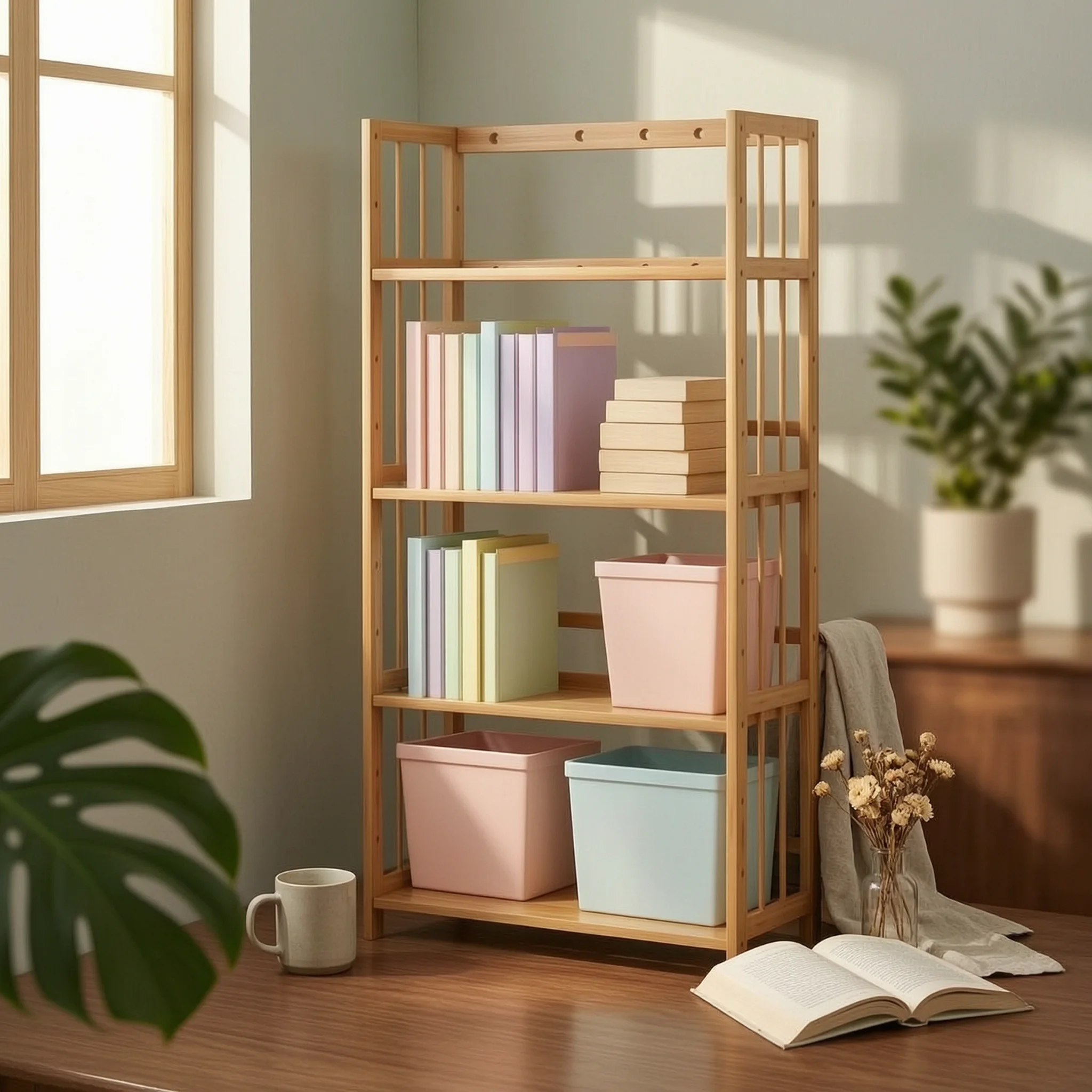 Bamboo Bookshelf Adjustable Slatted Bamboo Shelf unrestrictedFrame Bookshelf Assembled Display Storage Rack Easy to Clean