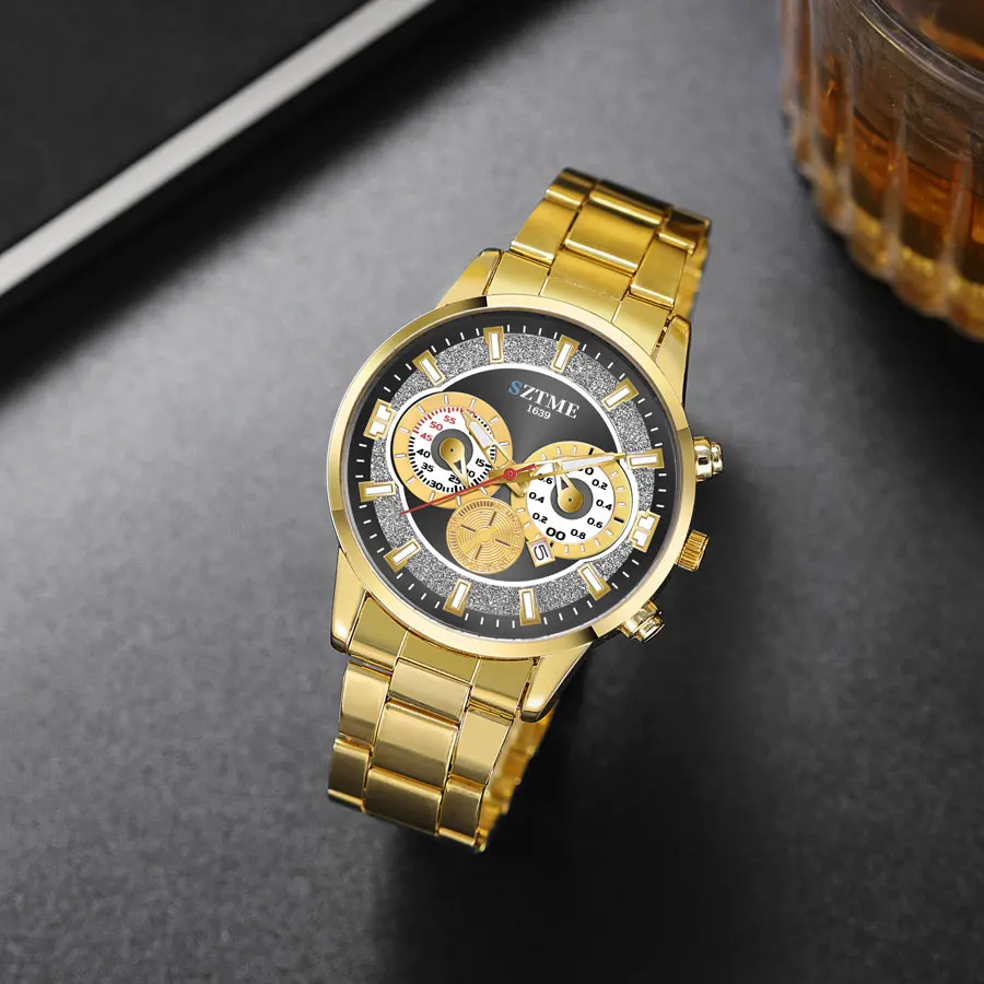 

Новинка, деловые мужские часы с календарем из нержавеющей стали, бриллиантовые роскошные мужские модные кварцевые часы