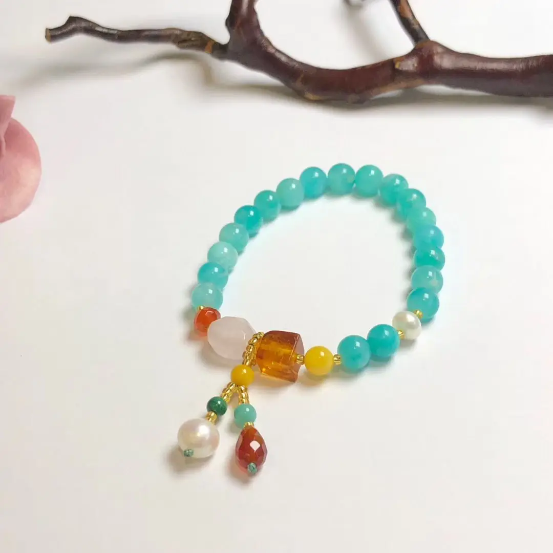 

Certificated 6mm Natural Amazonite Bead String Bracelet With Real Amber/Agate/Malachite Strand Handmade Stone Blessing Jewelry