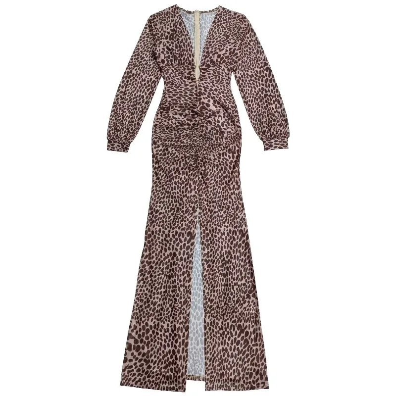 KEXU Sexy Sheer Mesh Deep V-neck Leopard Print High Slit Lantern Long Sleeve Maxi Dress Bodycon Bandage Slim Party Dresses