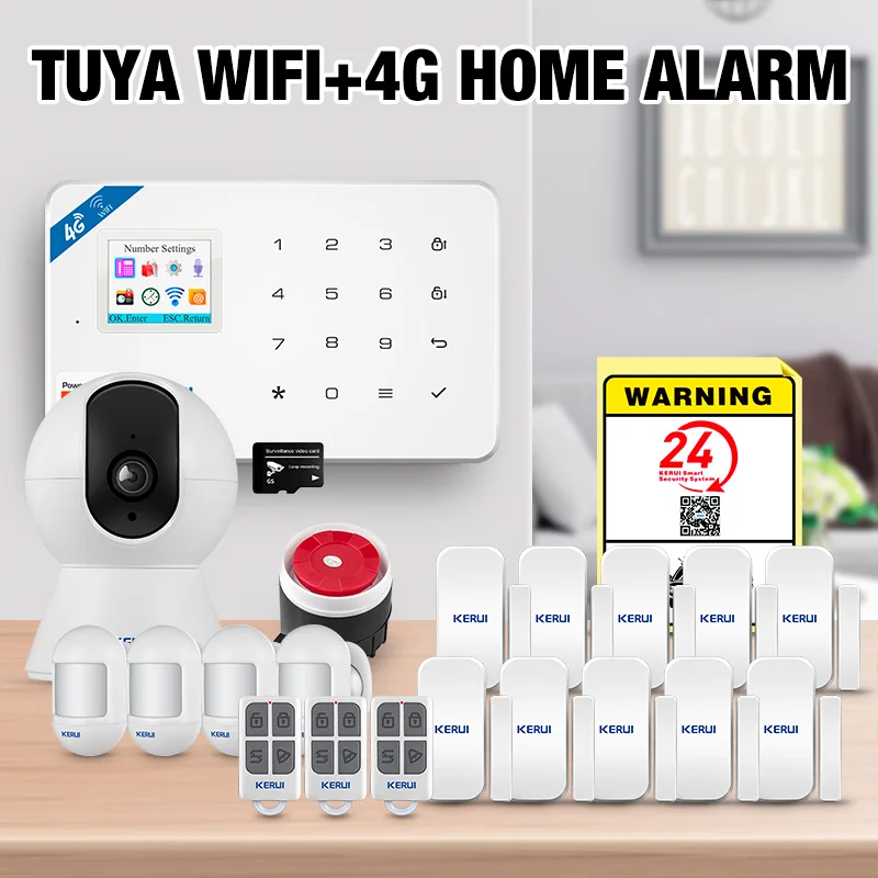 KERUI 4G/WIFI GSM Alarm Security System Wireless Smart Home Alarm System Kits 433mhz Burglar Alarm Panel PIR Sensor W184