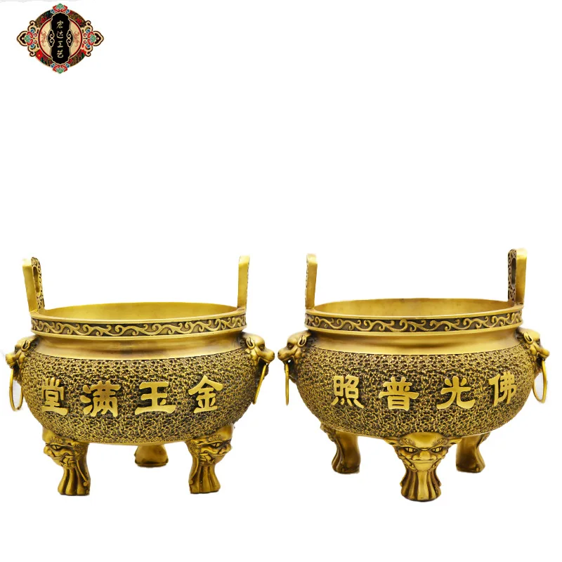 Large size, full of gold and jade Lion-head incense burner with straight ears, a bronze Buddha statue for worship, and a bronze