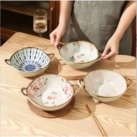 

7.5inch Japanese Household Noodle Bowl Ceramic Soup Bowl With Handle Salad Pasta Bowl Kitchen Tableware Microwave Oven Bakware