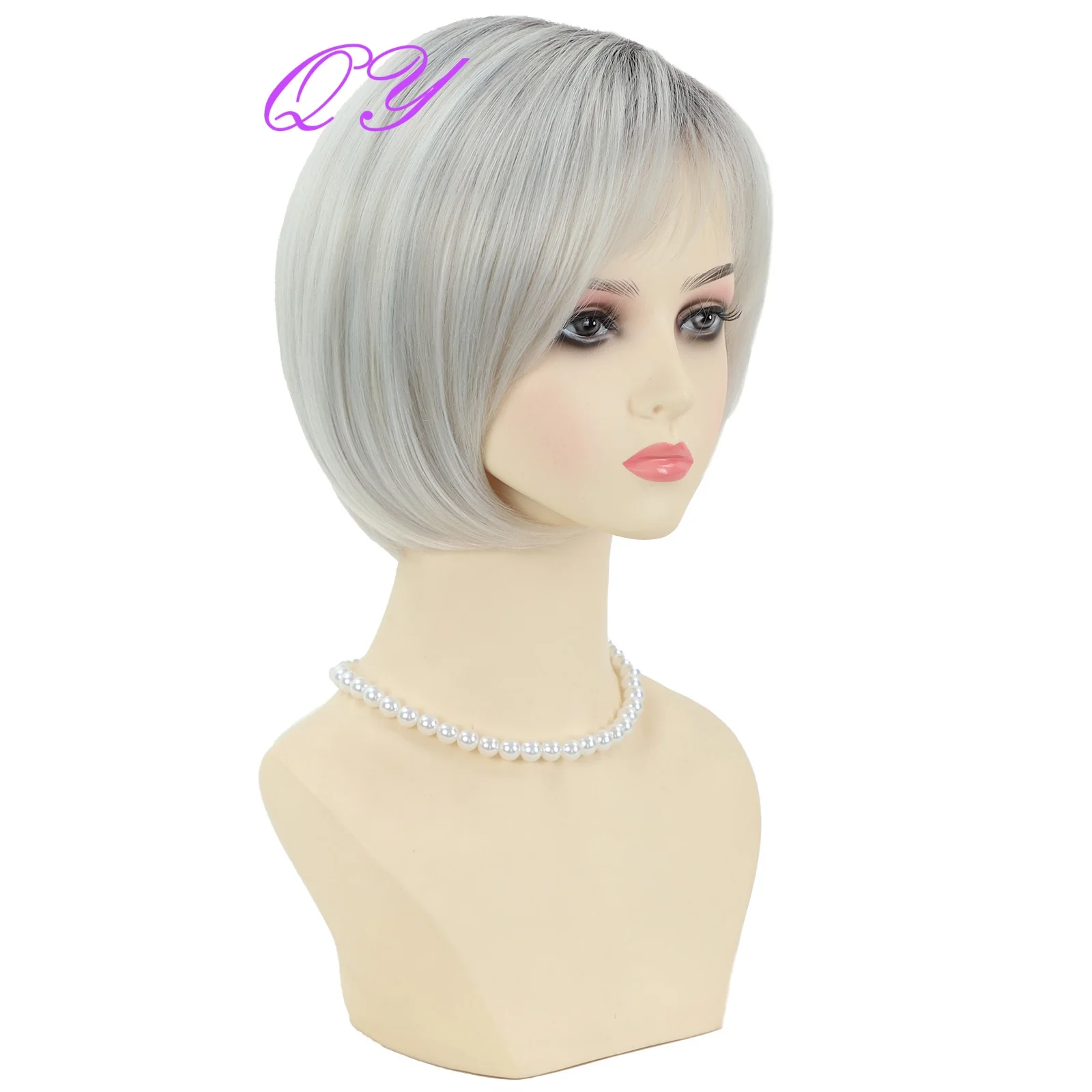 Synthetic Short Bob Straight Wig With Black Hair Roots Gray Gold Color High Quality Women's Wig For Daily Or Party Use