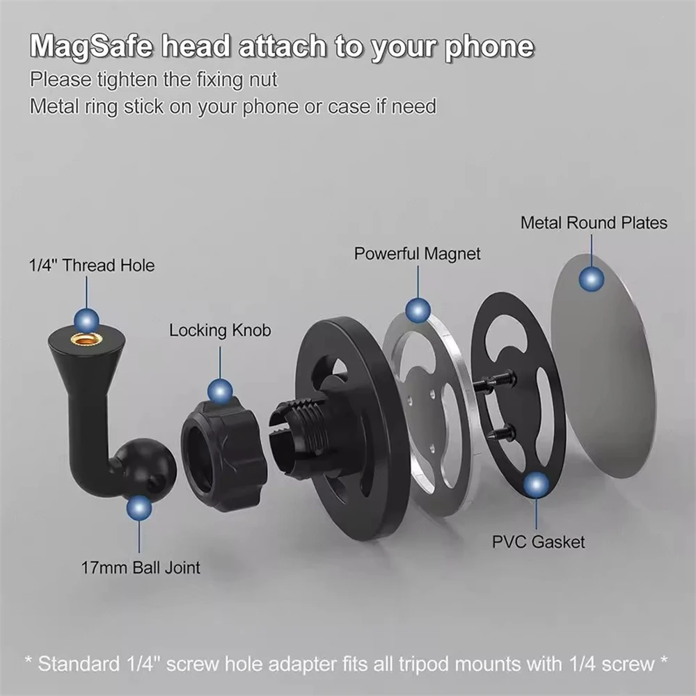 Magnetyczny adapter do statywu z mocowaniem na telefon z otworem 1/4"-20 do MagSafe, kompatybilny z iPhone 16 15 14 13 12 Plus Pro Max Mini Case, do selfie sticka — zdjęcie produktu 5