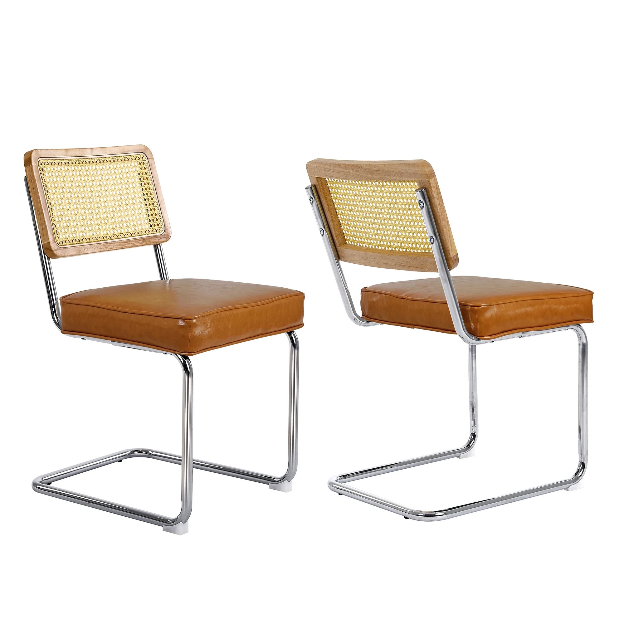 2pcs Dining Chairs Velvet Side Chair Rattan Chair with Cane Back&Stainless Chrome Base Modern Mid Century Breuer Designed Chairs