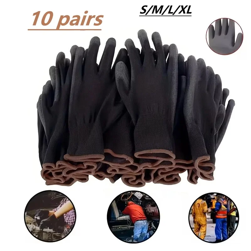 

10 Pairs Black Coated Gloves Reusable Gloves Multi-Purpose Nylon Gloves Slip Dust-Proof Car Maintenance Gardening Working Gloves
