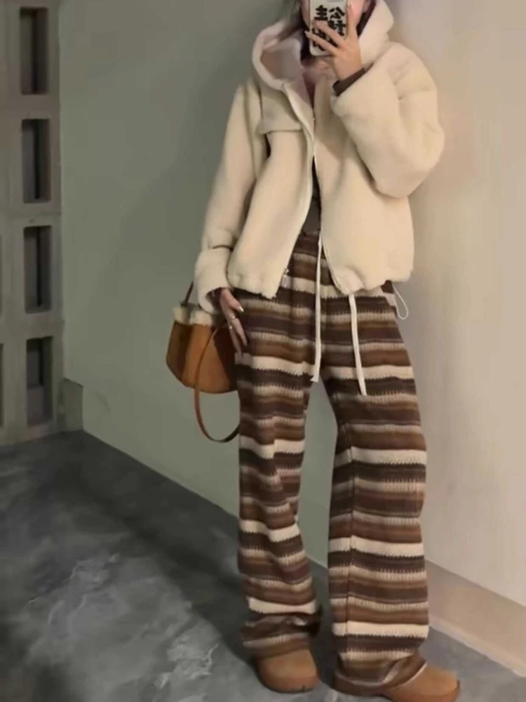 

Deeptown Vintage Striped Women Pants Gray Wide Leg High Waist Korean Fashion Straight Trousers Baggy Casual Classic Office Lady