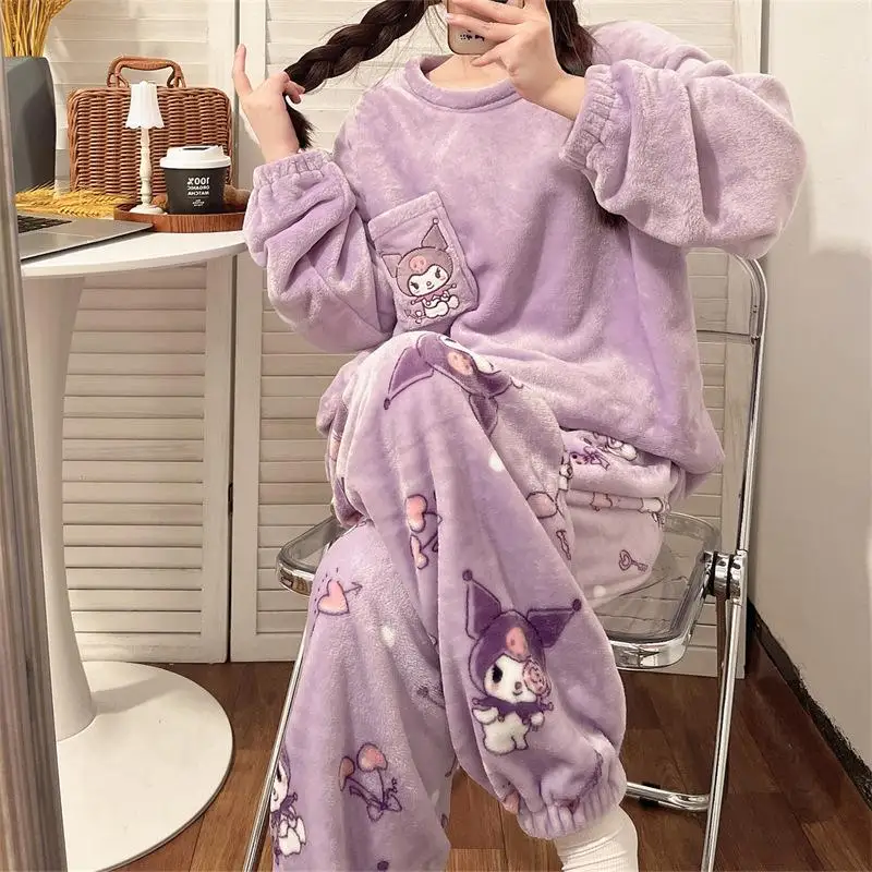 Sanrio Cinnamoroll Pajamas Kawaii Kuromi Melody Flannel Pullover Coral Velvet Winter Warm Pajamas Homewear Girl Burthday Gifts