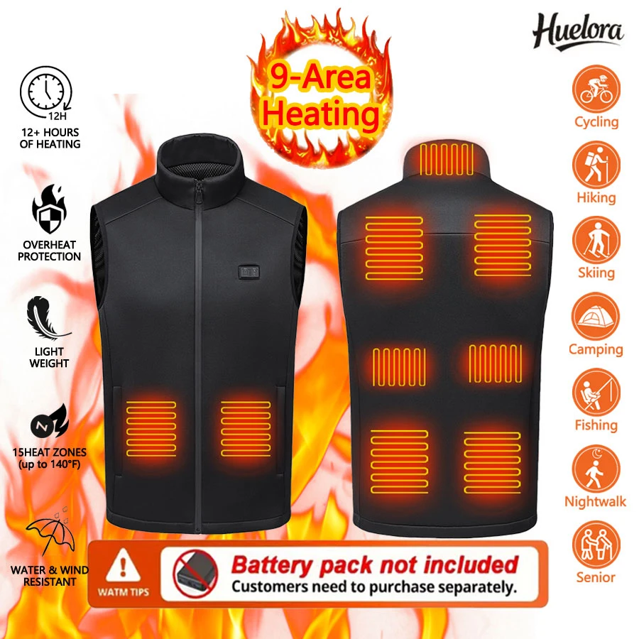 Chaleco calefactor de invierno, chaleco calefactable con cuello levantado de 9 áreas, chaqueta deportiva para exteriores con calefacción para hombres y mujeres (no incluye el banco de energía)