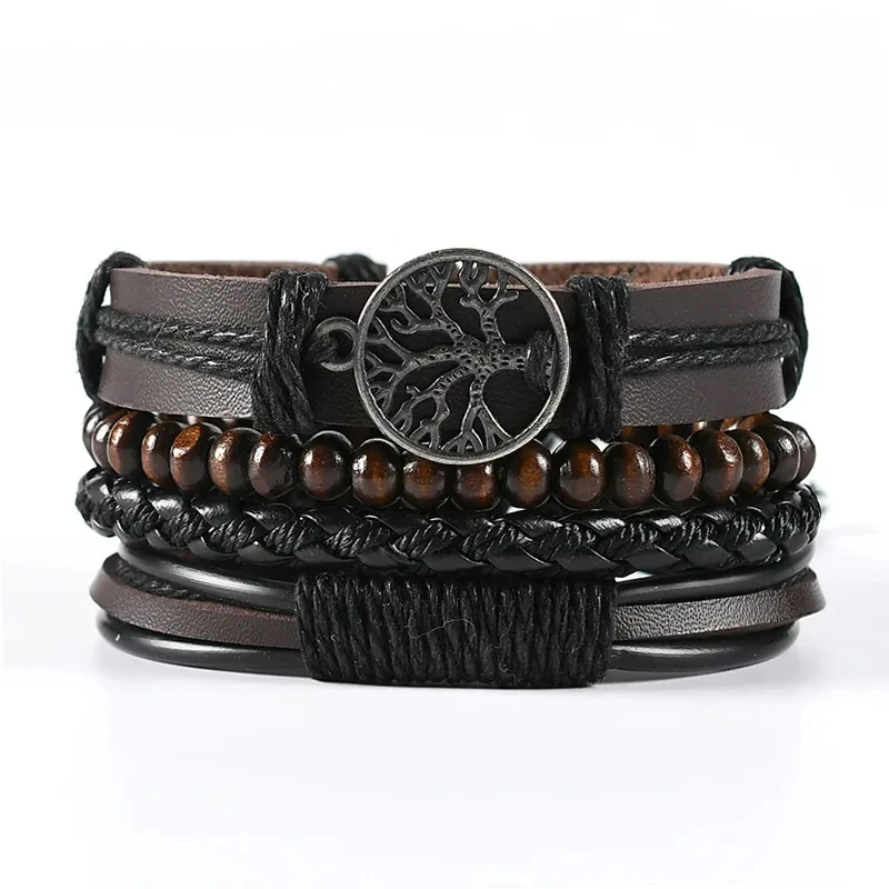 Vintage kruis meerlaagse kralen houten kralen herenarmband meerdelige set armband