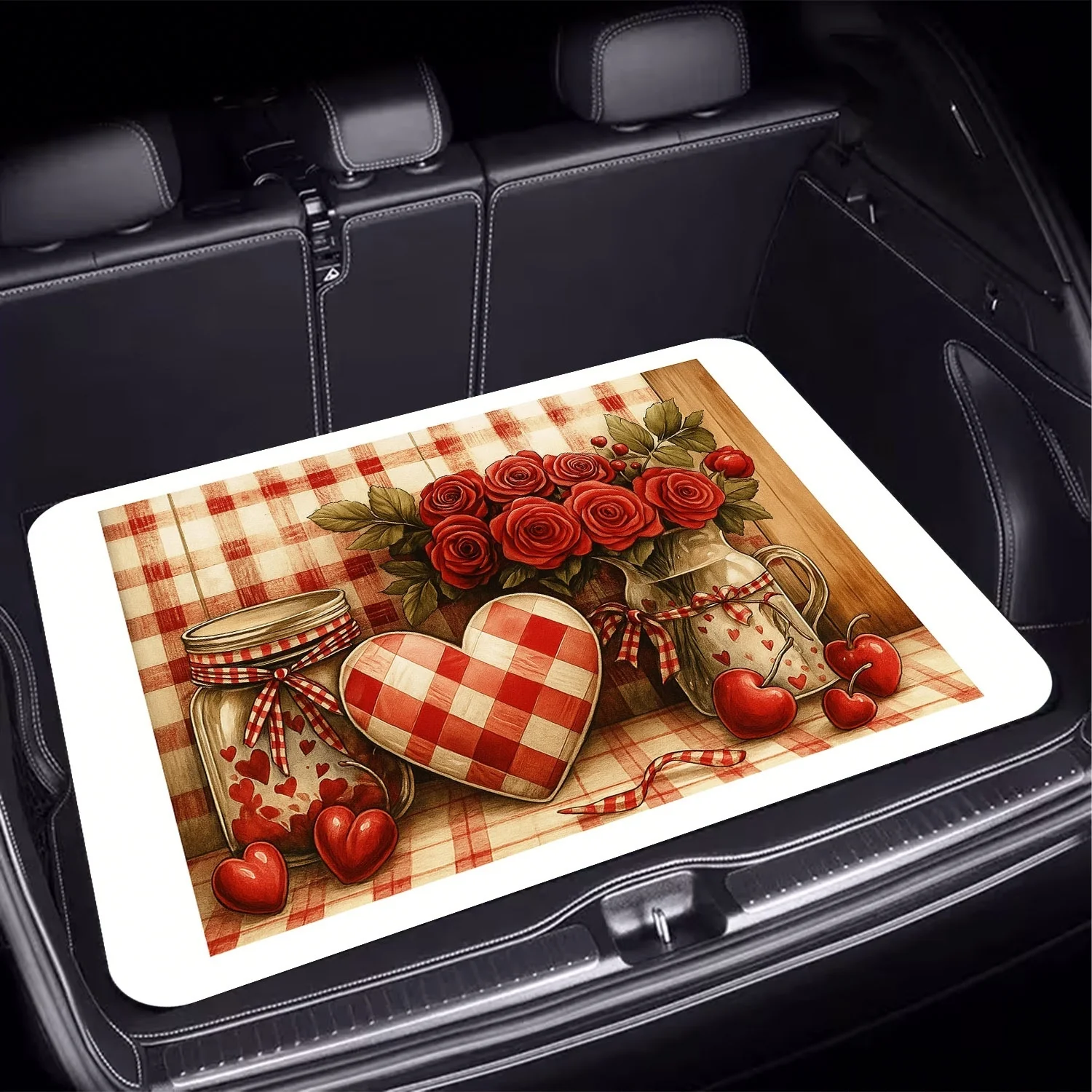 Car Trunk Mat, Country Style Red Plaid Heart Rose Cherry Print Cargo Liner, Non-Slip Rear Trunk Protector, Women Car decor, Car Accessories, Interior Decoration Mat, Universal Fit For SUV Sedan Truck, Farmh