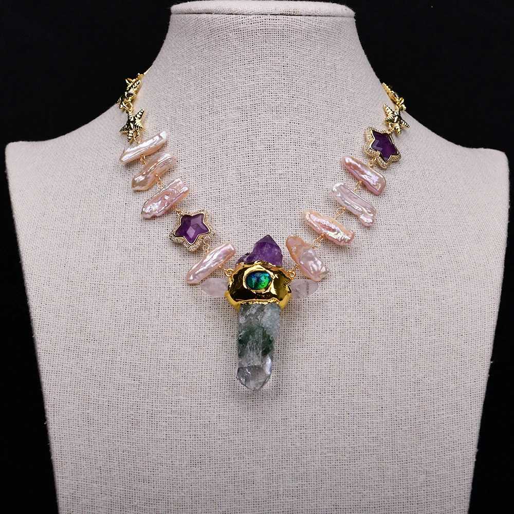 GG 18\'\' Natural Pink Biwa Pearl Amethyst CZ Connector Chain Necklace Green Phantom Quartz Point Pendant Lady Gifts