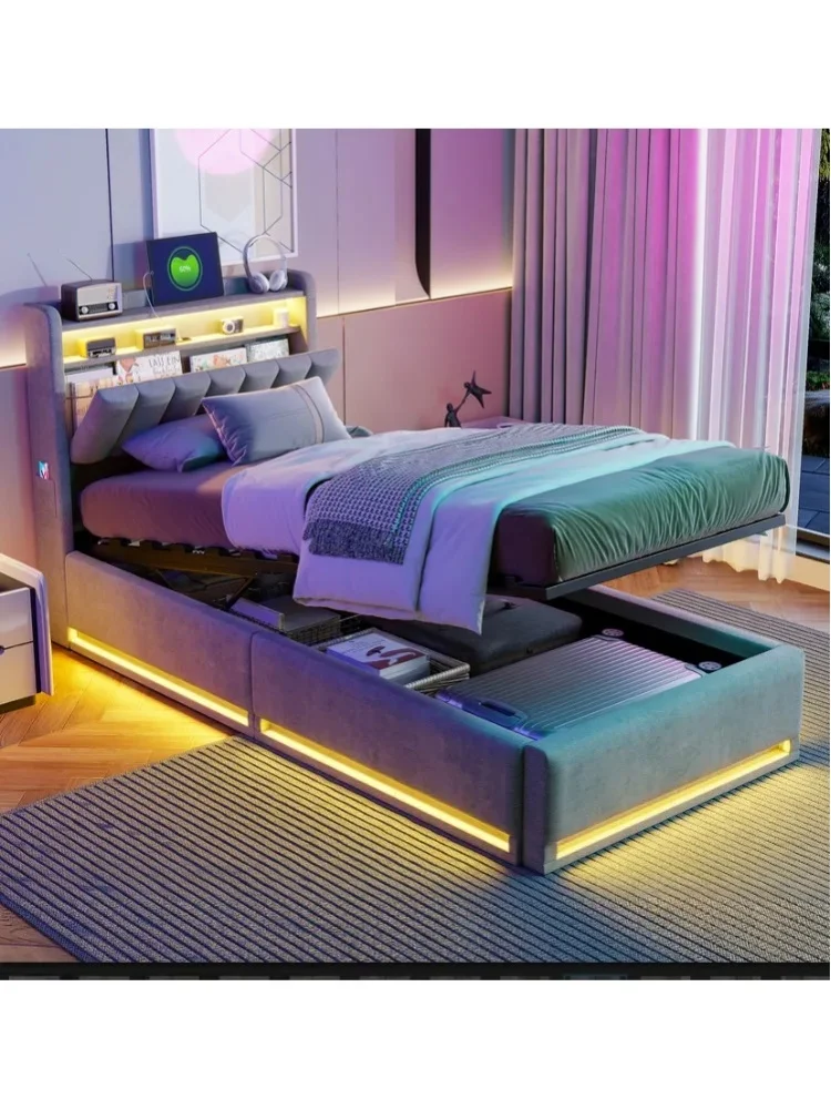Gepolstertes Einzelbett, 90*200 cm, hydraulisches Bett mit Bettkasten, Kopfteil mit LED, Jugendbett aus Samt, Grau/Beige