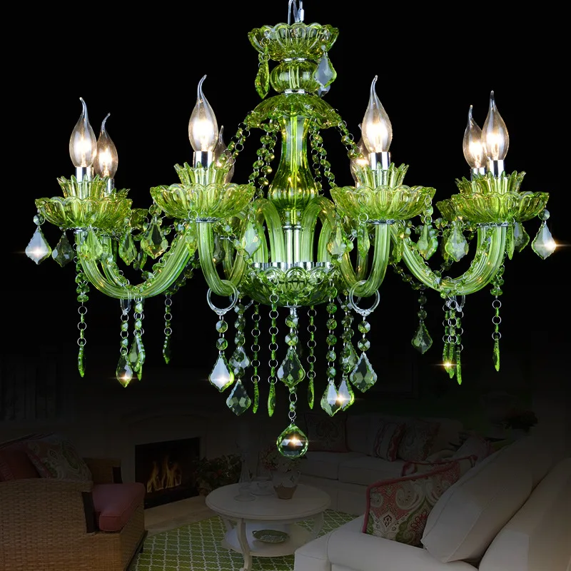 European-style Colored Glass Crystal Chandelier For Restaurants, Internet Cafes, Candle Lights, Green Clothing