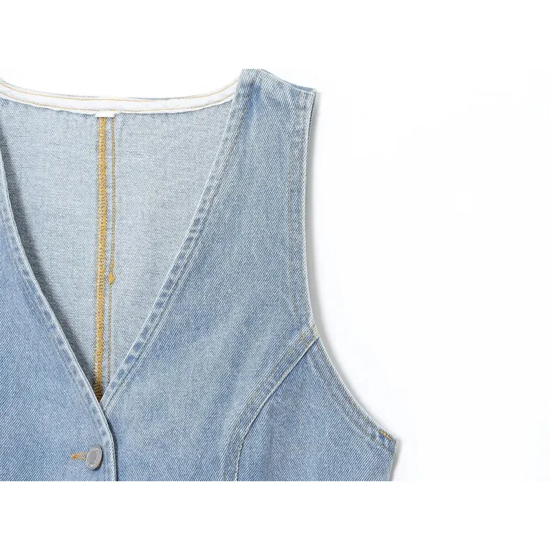 Retro Women's Two-Piece Suit Casual Wide-Leg Denim Trousers with V-Neck Vest And Waist Tie Commuter Wear for Women