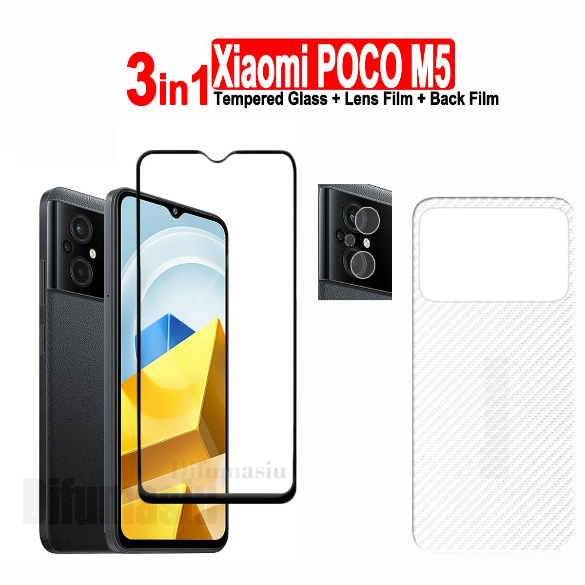 

3in1 For Xiaomi POCO M5 Tempered Glass Film Screen Protector + Camera Lens Film+ Carbon Fiber Back Film