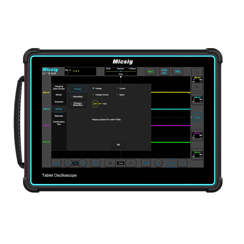 

Automotive Diagnostic Oscilloscope Full Touch Screen Tablet Oscilloscope 2 Analog Channels 1GSa/S 200mhz ATO2002