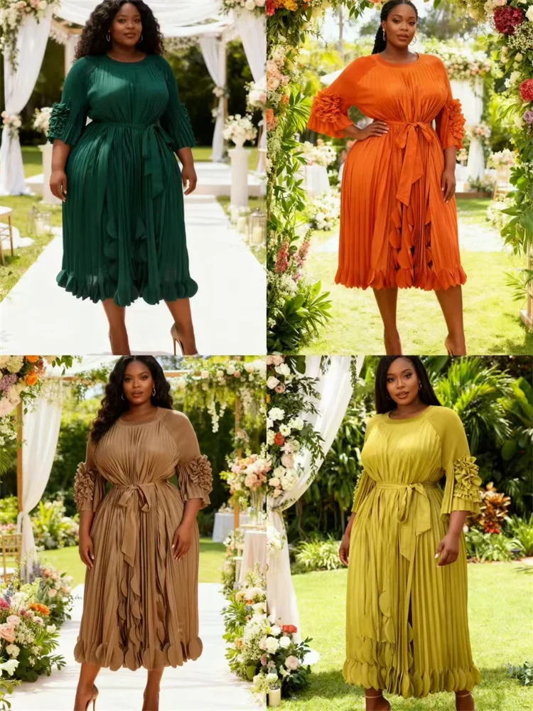 مياكي مطوي 2025 نمط المحكمة الجديد للربيع والصيف رقبة مستديرة بلون سادة زهور مكرنك يدوية مقاس كبير فساتين مطوية #1