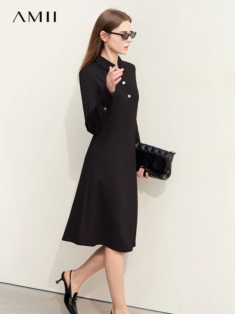 

Amii Minimalism 2024 Women Dresses Autumn New Commuter POLO Collar Lotus Button A-Line Office Lady Female Slim Dress 12443063