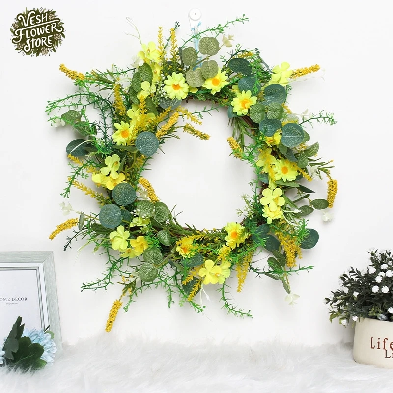 1PC Artificial Daisy Spring Wreath Simulation Door Decoration Wreath Wall Hanging Home Ambience Window Door Hanging Decor