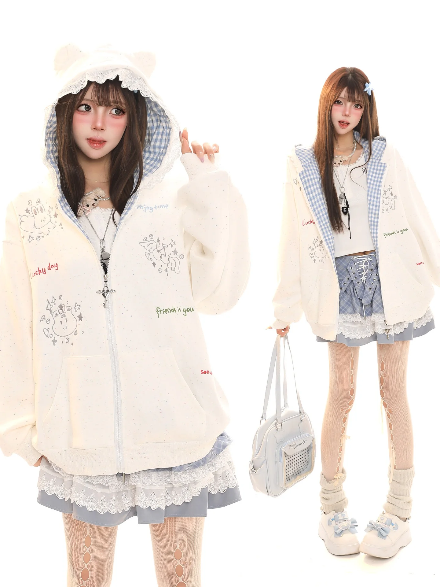Casual Hooded Print Sweatshirt Women's Spring New Style Warmth Inner Coat Zipper Cardigan Outerwear Loose Fit Long Sleeve