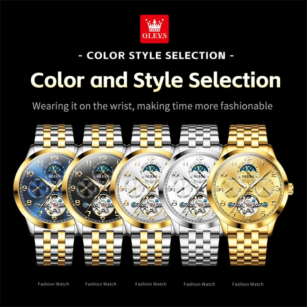OLEVS ساعات رجال الأعمال عادية الفولاذ المقاوم للصدأ ذاتية الملء دولاب الموازنة الأصلي التلقائي ساعة اليد الميكانيكية مرحلة القمر #6