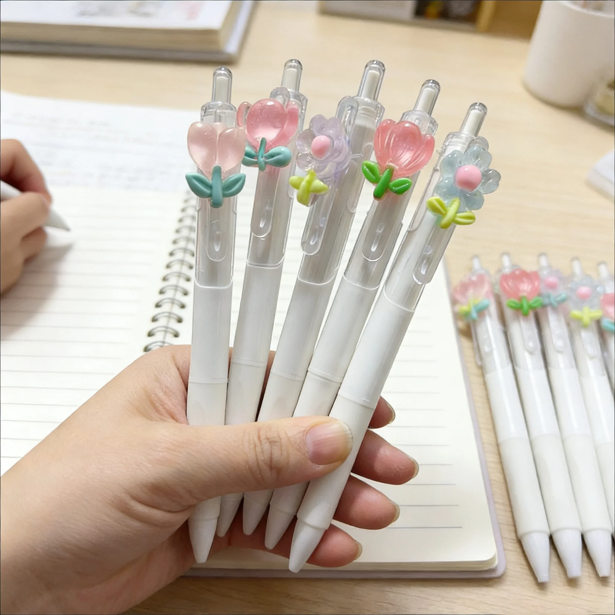 5Pcs Floral Gel Pens 0.5mm Quick-Dry Smooth Writing Black Ink Neutral Pen Student Writing Tool Kawaii Stationery Kids Gift