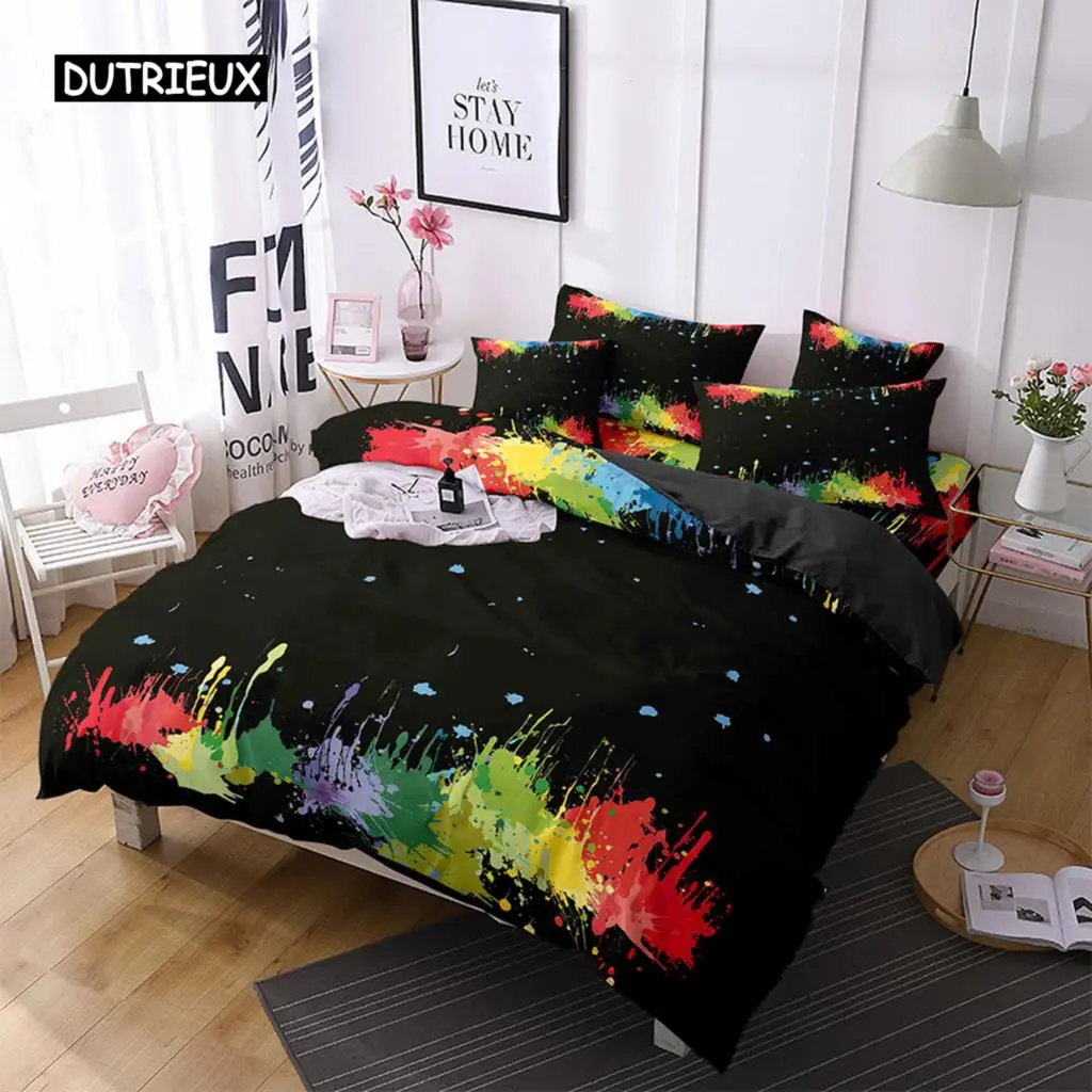 

Watercolor Duvet Cover Set Black Multicolored Hand Drawn Print Bedding Set Queen Size Microfiber Abstract Pattern Quilt Cover