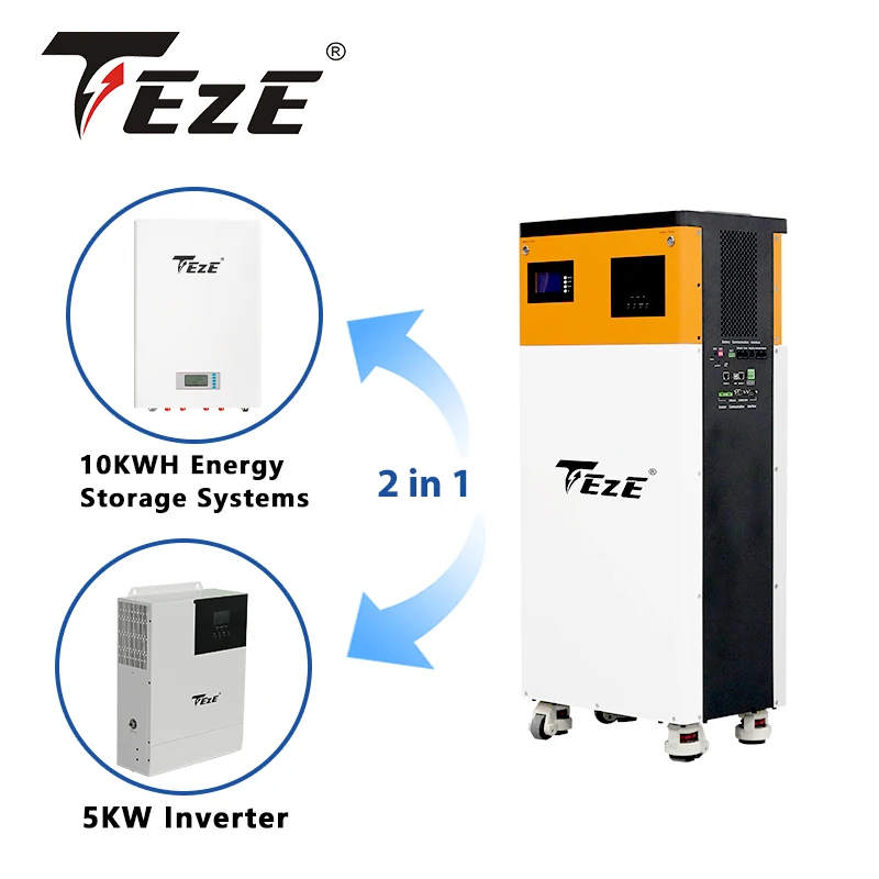 TEZE 5KWH 7.5KWH 10KWH All-in-One Grade A 51.2V 100AH-200AH LifePo4 Battery Pack Built-in Inverter BMS 6000 Cycles Powerwall