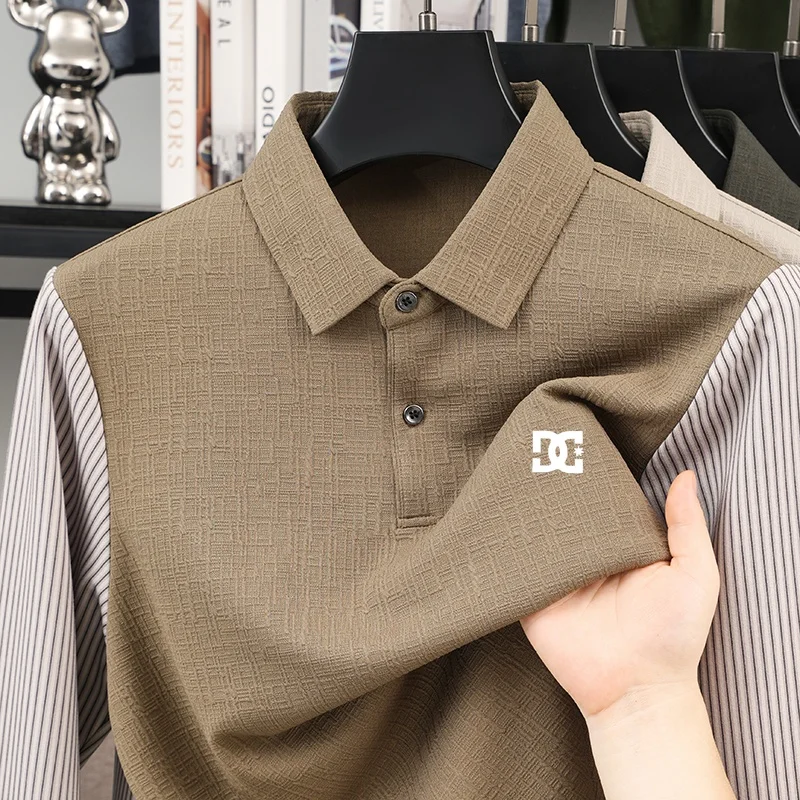 Herbst Neues Herren-Polohemd mit Kontrastfarben-Print, Falsches Zweiteiler-Design, Weiches Langarm-T-Shirt für den Alltag, Lässige Herrenbekleidung – Detail 6