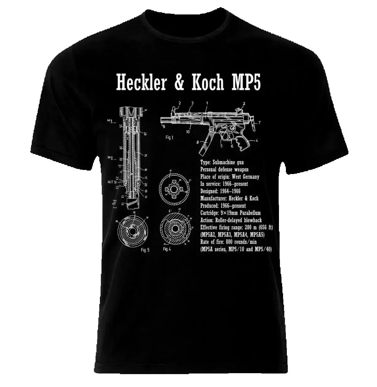 HK MP5 9mm Sub Machine Gun Blueprint T-Shirt 100% Cotton O-Neck Summer Short Sleeve Casual Mens T-shirt Size S-3XL