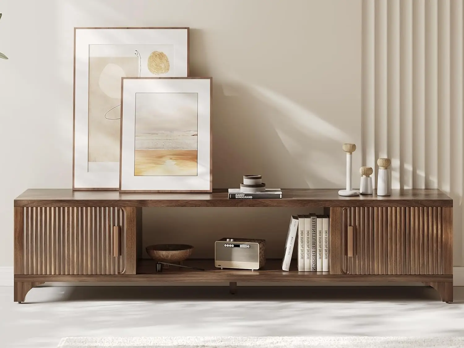 Mid Century Modern TV Stand for 65/75 Inch TV, Boho Media Console with Storage, Fluted Wood Entertainment Center for Living Room