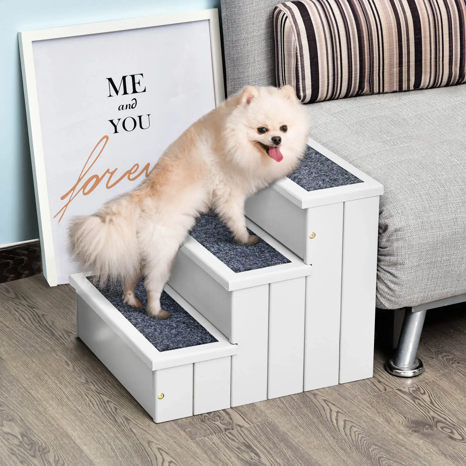 Pawhut huisdiertrap met opbergruimte, 3 treden, draagbaar, met tapijt, houten trap